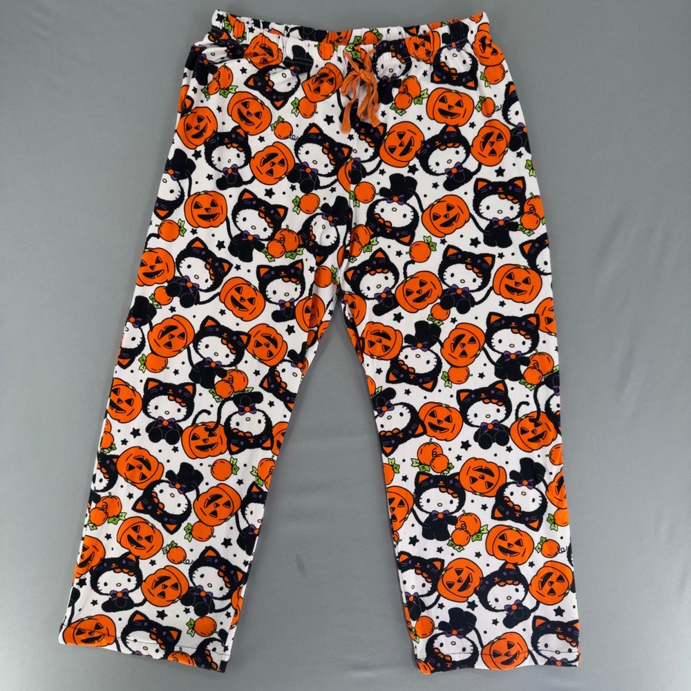Hello Kitty Sanrio Halloween Pajama Pants Orange Pumpkin Black Cat Medium